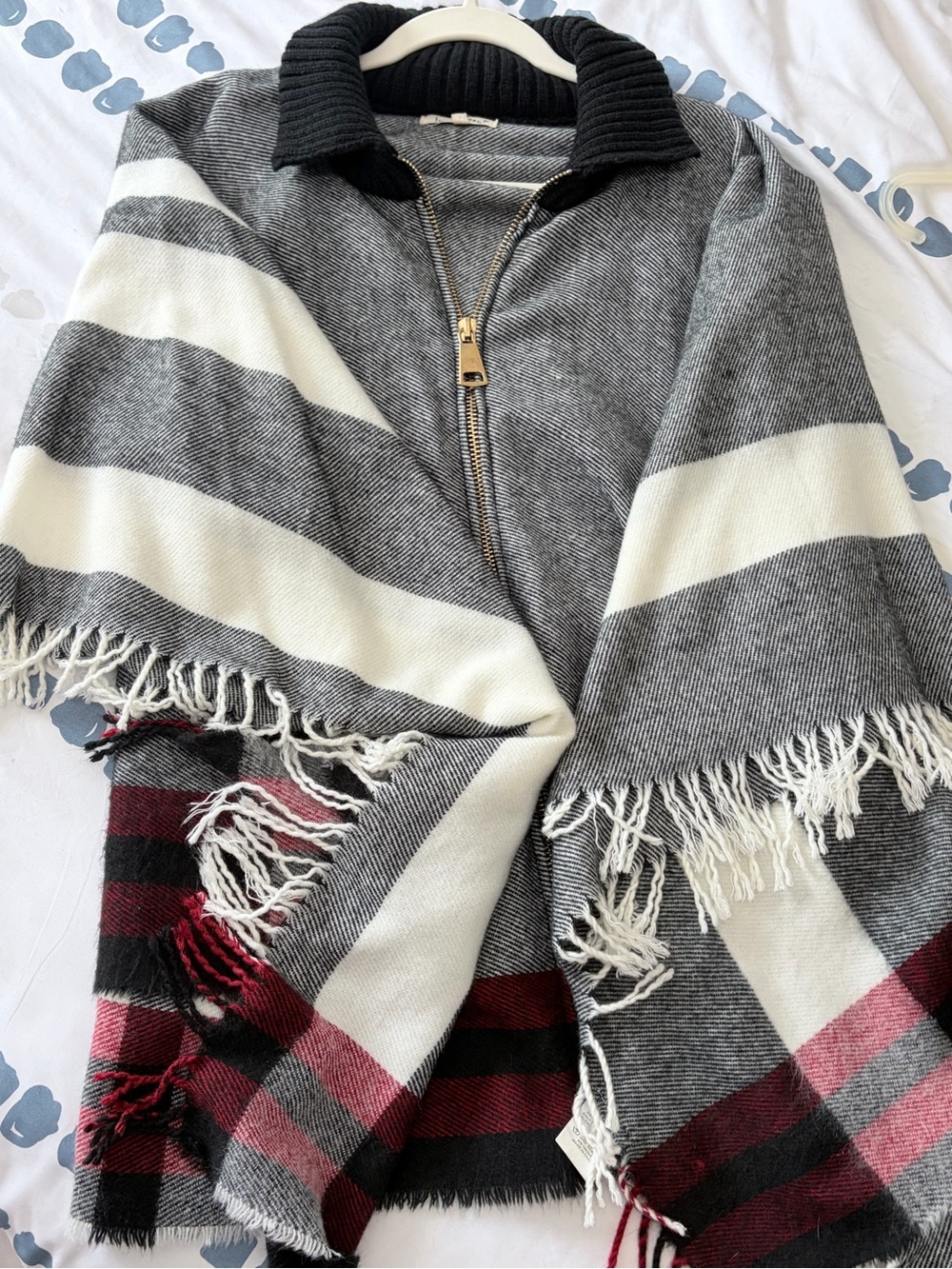 Women’s Striped Fringe Zip-Front Poncho Sweater - Gray, Cream & Burgundy